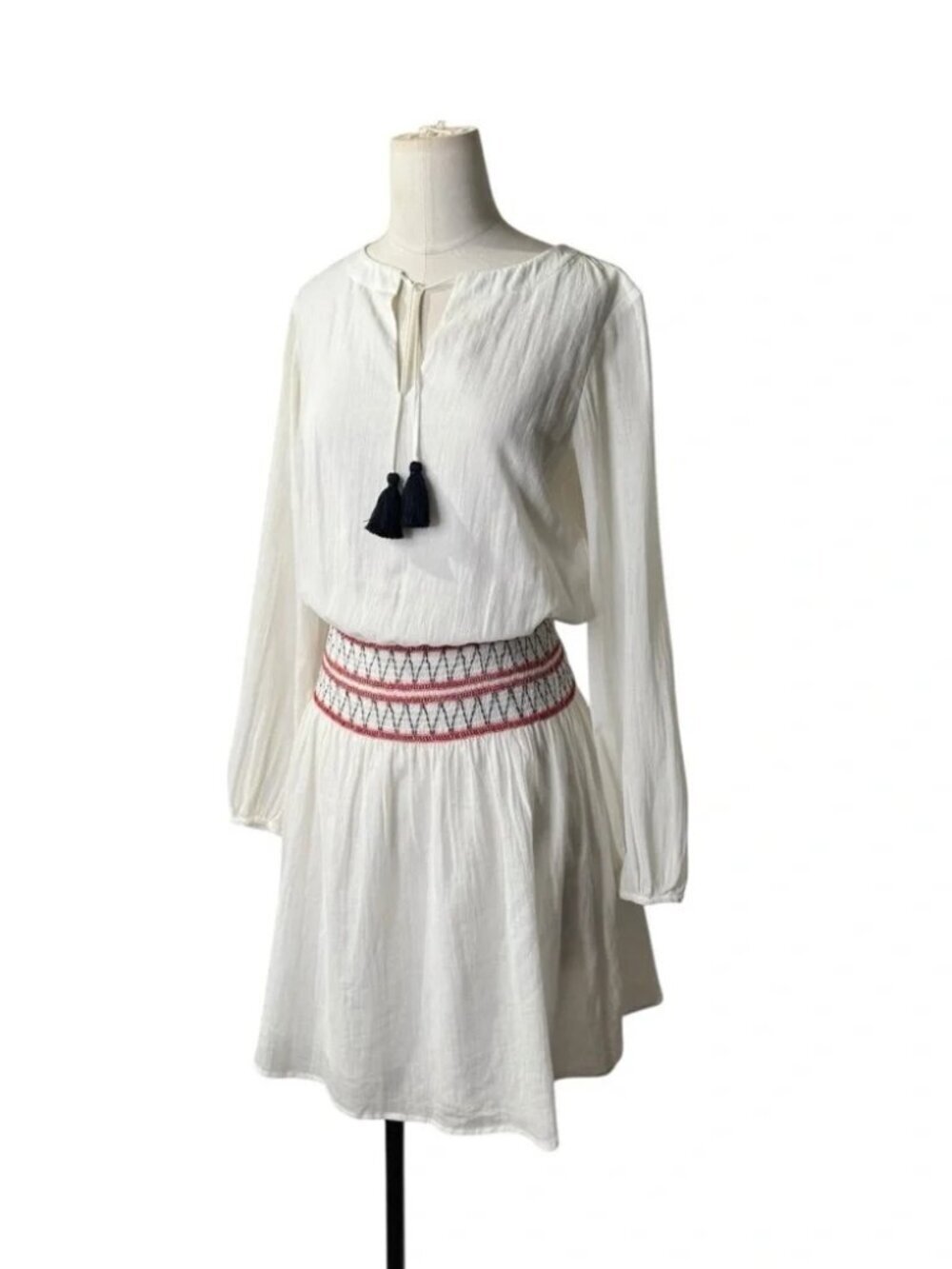 Sail to Sable White Boho Tassel Dress | Smocked Waist Long Sleeve Mini - Picture 2 of 10